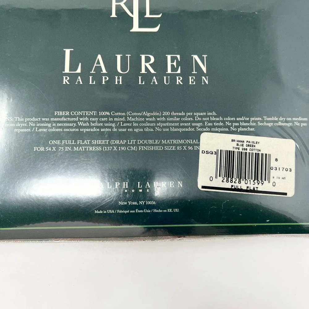 Lauren Ralph Lauren Brianna Paisley Full Flat Sheet Blue Green 100% Cotton NIP‎